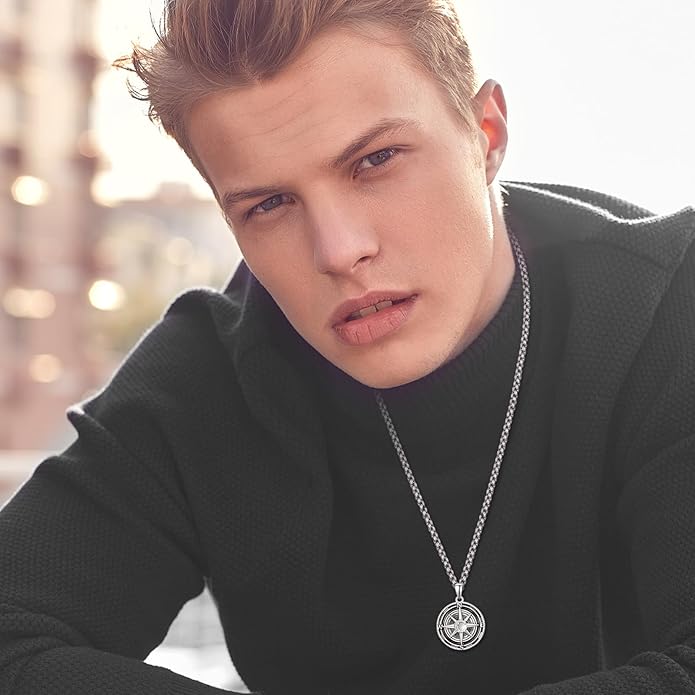 KINGWHYTE Compass Necklace for Men 925 Sterling Silver Birthday Gifts Graduation Travel Jewelry for Husband Brother with Stainless Steel Chain