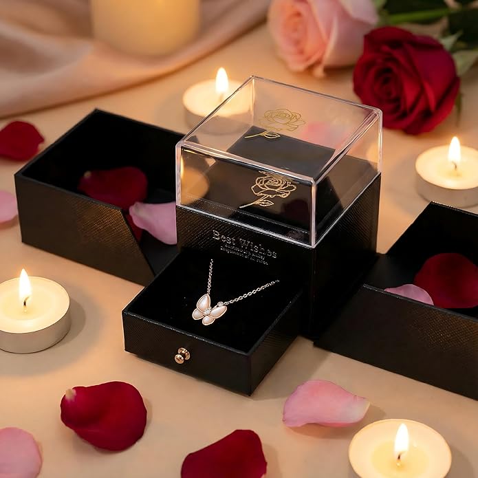 18K Rose Gold Sterling Silver Butterfly Necklace for Women, Mother of Pearl Pendant Necklace, Valentines Day Gift for Her, Wife, Mom, Gift Ready in Elegant Jewelry Box