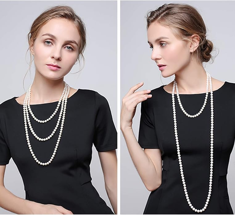 Long Pearl Necklaces for Women Cream White Faux Pearl Strand Layered Necklace Costume Jewelry