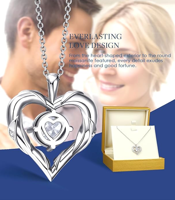 Beam & Bask 2-3 Ct Moissanite Heart Necklaces for Women, 18K Gold Plated Romantic Pendant for Anniversary Birthday, 925 Sterling Silver Jewelry for Wife Girlfriend Mom Her