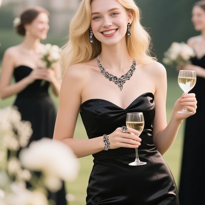 BriLove Wedding Bridal Jewelery for Women Austrian Crystal Teardrop Cluster Statement Necklace Dangle Earrings Link Bracelet Set