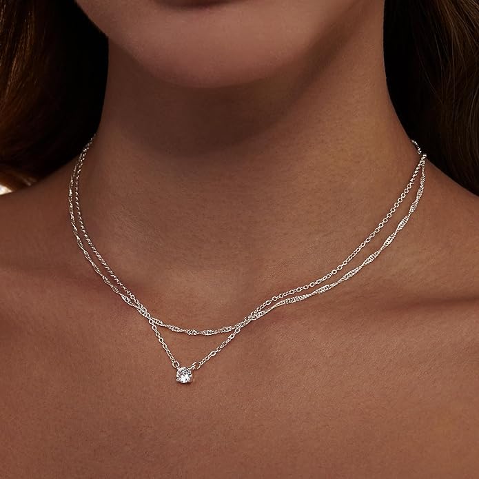 Zeffy Diamond Necklaces for Women, Dainty Gold Necklace 18k Gold Plated Layered Necklaces Simple Gold CZ Diamond Pendant Necklaces for Women Trendy Jewelry Gifts for Girls