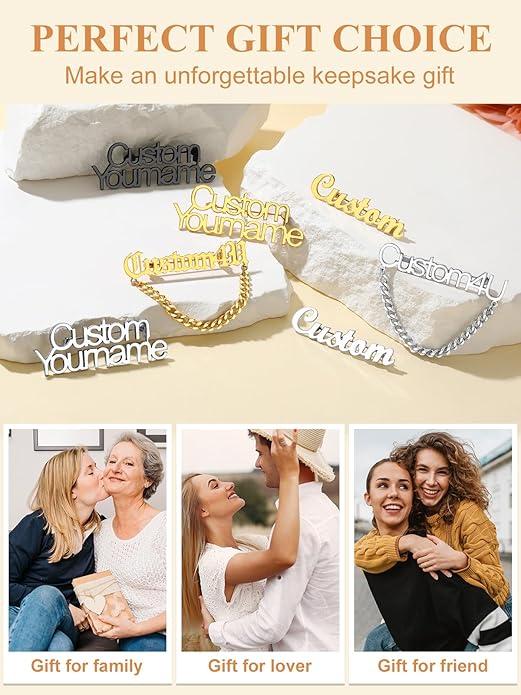 Custom4U Custom Name Pin Personalized Brooch Pins for Women Men Stainless Steel Name Tag with Letters/Initials - Silver/Gold/RoseGold/Black Customized Jewelry Gifts for Birthday Wedding Business Party