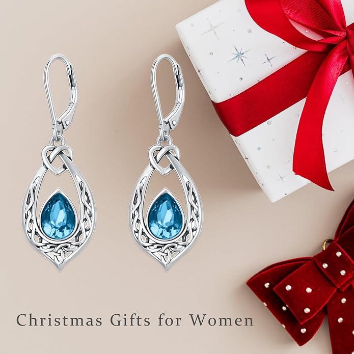 Celtic Knot Dangle Earrings 925 Sterling Silver Oxidized Vintage Drop Leverback Earrings with 8 * 6mm Simulated Birthstone Crystal Christmas Jewelry Gifts for Women (Gift Box)