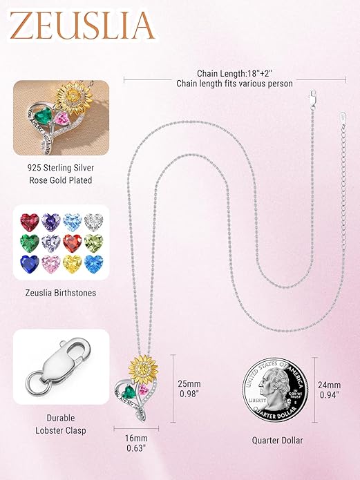 Zeuslia Double Birthstone Necklace Gifts for Wife - 925 Sterling Silver Sunflower/Rose/Crown Cross/Compass/Heart Pendant I Love You Necklace, Anniversary Birthday Gifts for Wife Girlfriend Mom Her