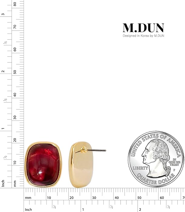 M.DUN- Round Edges Rectangle Shape Studs Earring. Abalone Amber Turquoise Resin Stone Design, 18k Real Gold Plated Bezel, Hypoallergenic Gorgeous Gift for Women