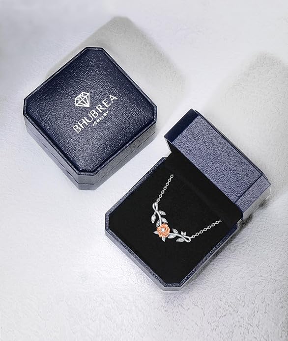 1/20 Carat Diamond Rose Necklace for Women 925 Sterling Silver Rose Flower Vine Pendant Necklaces 18K Gold Plated Fine Jewelry