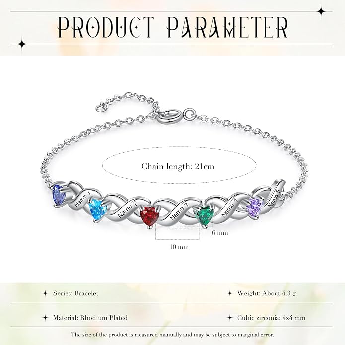 Personalized Custom Name Heart Bracelet with 1-6 Birthstone Bracelets for Women Engraved Family Names Link Bracelets for Mother's Day Mom Daughter