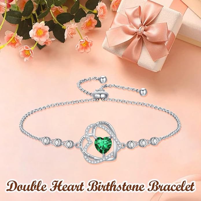 TOUPOP Heart Birthstone Bracelet 925 Sterling Silver Double Heart Bracelet Love You for Always and Forever Jewelry Anniversary Birthday Christmas Gifts for Women Wife Her