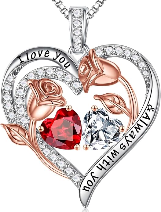 Iefil Birthstone Necklace for Women - 925 Sterling Silver Rose Heart Birthstone Necklace Birthday Anniversary Jewelry Gifts for Her Wife Mom Daughter