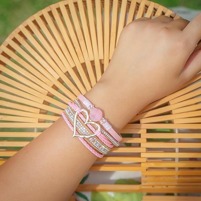 FANCY SHINY Heart Leather Wrap Bracelets Stackable Boho Cuff Bangles Trendy Resin Stone Rhinestone Bracelets with Magnetic Clasp for Women
