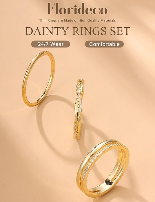 Florideco 14K Gold Plated Stackable Rings for Women Non Tarnish Dainty Cubic Zirconia Ring Set Minimalist Wedding Bands Ring Stack Statement Engagement Promise Thumb Rings Size 5-10