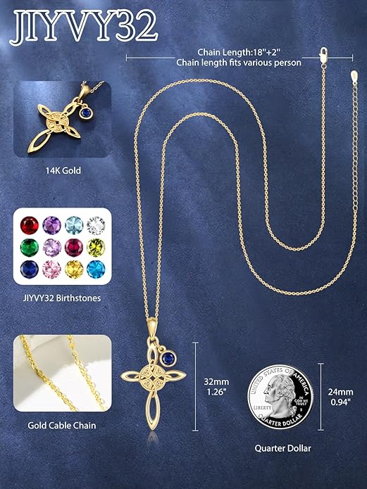 Witches Knot Necklace for Women, 14K Gold Celtic Knot Cross Jewelry with Triquetra Trinity with Birthstone Pendant, Birthday Witchy Spiritual Gifts for Her Wife Mom Grandma, 18+2 Inch Chain