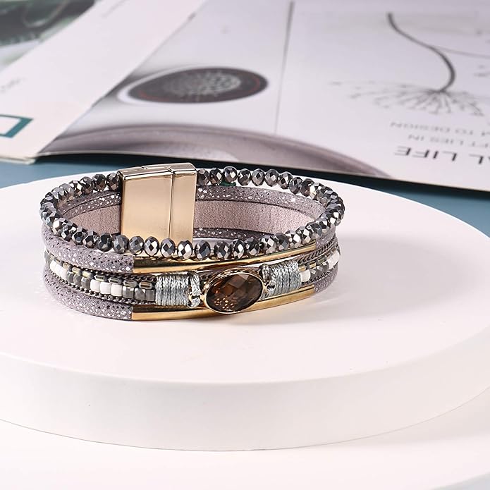 FANCY SHINY Leather Wrap Bracelets Crystal Beads Bracelet Boho Cuff Stone Charm Bracelets with Clasp Costume Jewelry for Women