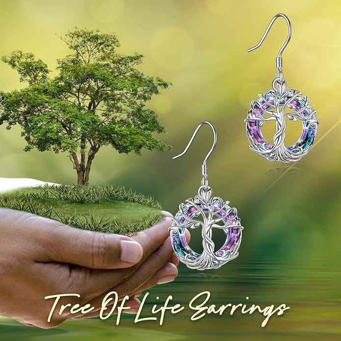 TOUPOP Tree of Life Earrings 925 Sterling Silver Family Tree Dangle Drop Earrings Crystal Jewelry Birthday Christmas Gifts for Women Her