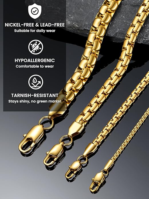 Bestyle 18K Gold Plated/Silver/Black Chain for Men, Hypoallergenic 2/4/6/8mm Stainless Steel Flat Link Chain Necklace for Men & Women Hip Hop Jewelry, 14-30"