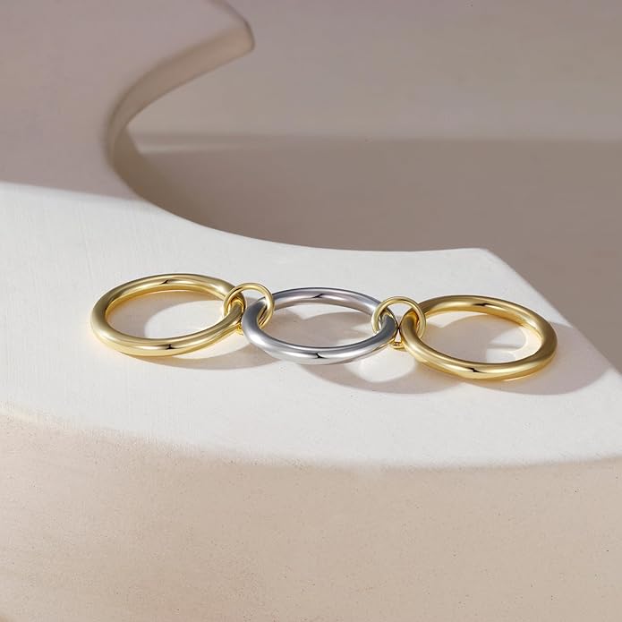 FUSAHURIY 2PCS Gold Stackable Rings Set for Women, 14K Gold Plated Interlocking Linked Rings with Cubic Zirconia, Gold Silver Mixed Metal Stackable Ring, Statement Jewelry Gifts