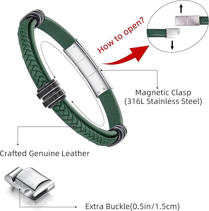 Leather Bracelet for Men with Adjustable Stainless Steel Magnetic Clasp Multi-Layer Braided Mens Leather Bracelet