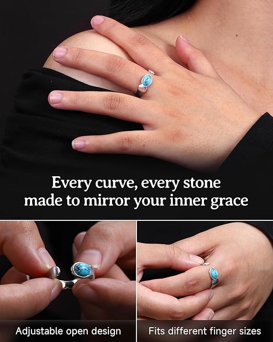S925-Sterling-Silver Abalone Dragonfly-Turquoise Spoon Ring - Vintage Boho Sunflower Thumb Oxidized Wrap Rings Victorian Style Antique Floral Jewelry Gifts for Women
