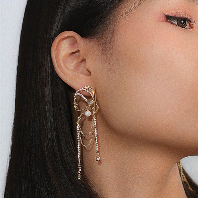 Unique Abstract Face Art | Dangle Statement Long Earrings for Women | Rhinestone Tassel Handmade Chandelier Earrings