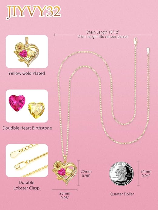 Sunflower Heart Necklace for Women 14K Gold Exquisite Anniversary Birthday Gifts for Wife Mother Her Double Birthstone Pendant jewelry‘You Are My Sunshine’