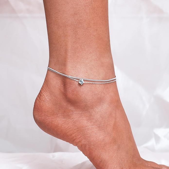 CHIC & ARTSY 925 Sterling Silver Ankle Bracelet Multilayer Anklets for Women Satellite, Star, Cross, Circle, Butterfly, Teardrop, Oval Disk Layered Anklet Beach Jewelry