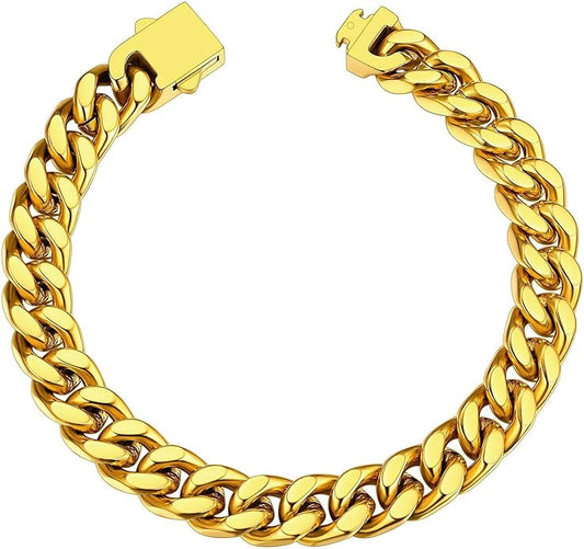ChainsHouse Stainless Steel Cuban Link Bracelet for Men, 5mm/7mm/9mm/12mm Width, 7.5"/8.3"/9" Length, Black/18K Gold Plated Chain Wrist Bracelets for Men, with Gift Box