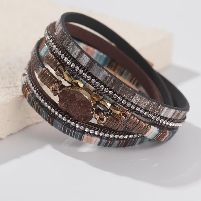 FANCY SHINY Leather Wrap Bracelet Boho Cuff Bangle Bracelets Crystal Bead Bracelet with Magnetic Clasp Jewelry Gifts for Women
