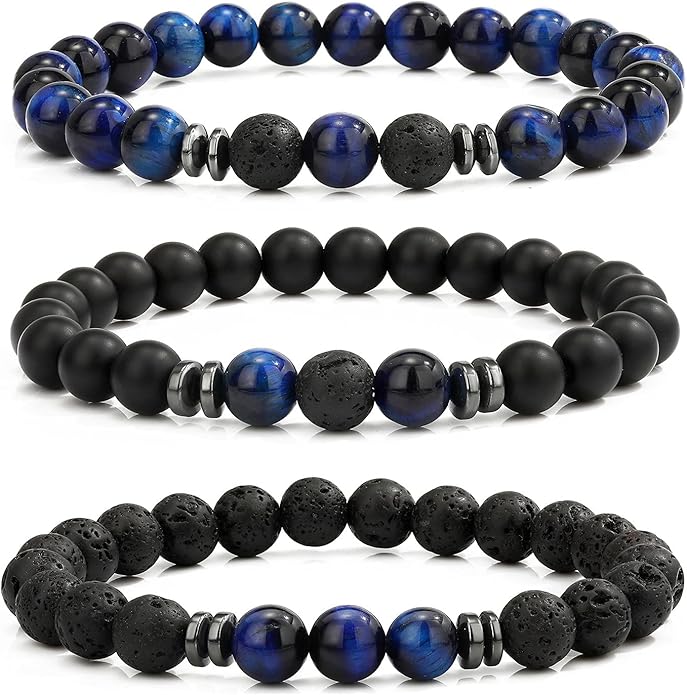 MengPa Mens Beaded Bracelets Couples Matching Bracelet Set Lava Rock Beads for Women Stone Jewelry