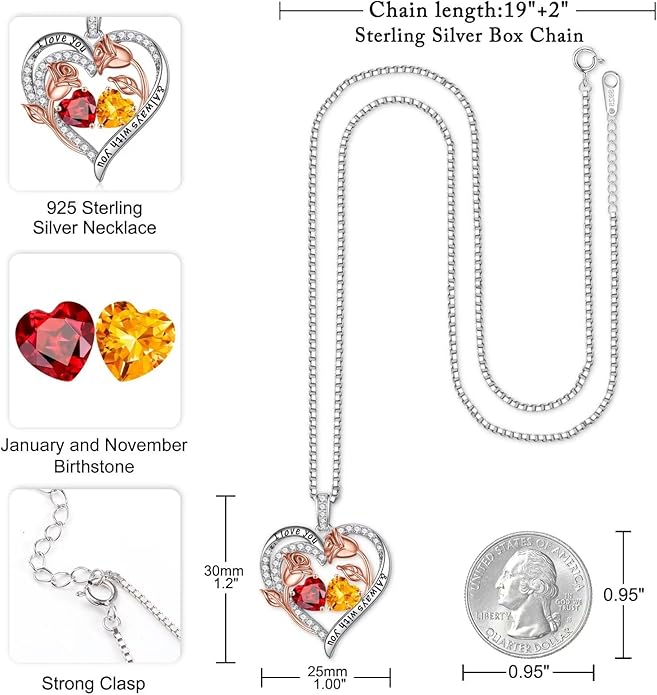Iefil Birthstone Necklace for Women - 925 Sterling Silver Rose Heart Birthstone Necklace Birthday Anniversary Jewelry Gifts for Her Wife Mom Daughter