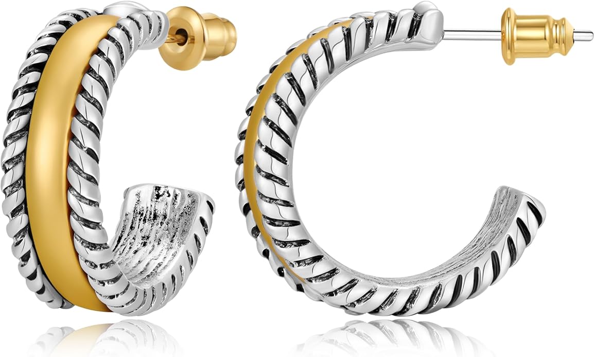 MYCUTEY Chunky Two Tone Hoop Earrings for Women Antique Gold And Silver Plated Twisted Open Hoops Hypoallergenic Statement Earrings Mixed Metal Jewelry Gift For Everyday Wear