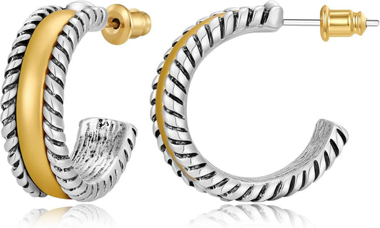 MYCUTEY Chunky Two Tone Hoop Earrings for Women Antique Gold And Silver Plated Twisted Open Hoops Hypoallergenic Statement Earrings Mixed Metal Jewelry Gift For Everyday Wear