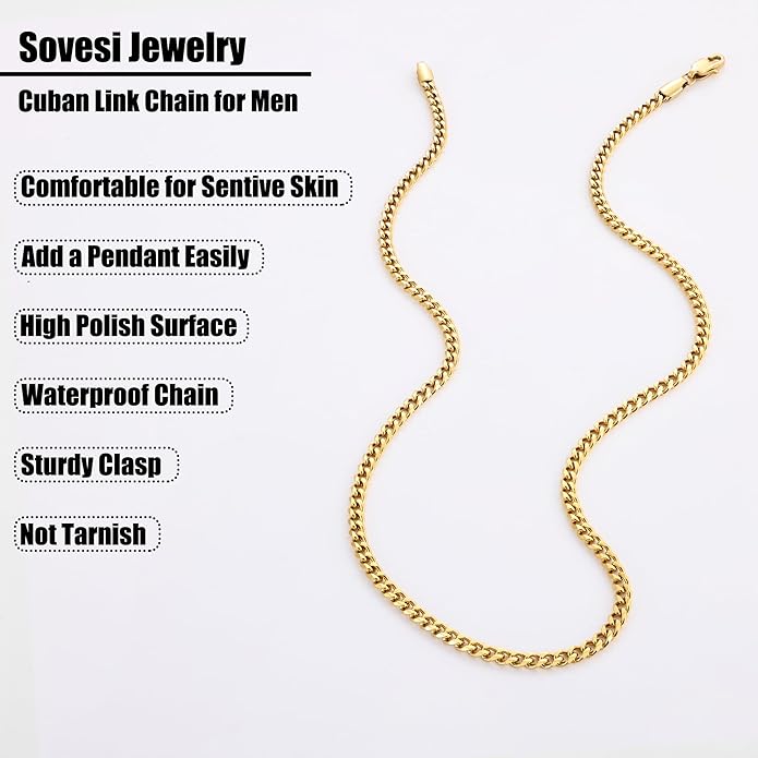 sovesi 3.5/5mm Cuban Link Chain Necklace for Men, Silver Tone/Black/14K Gold Plated Stainless Steel Necklace Chain, Mens Chain 16-28 Inch Jewelry Gift