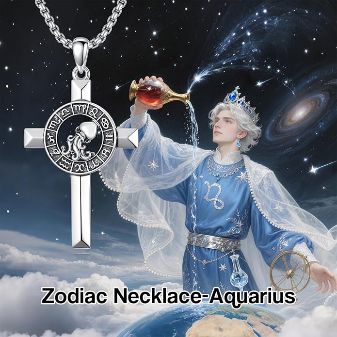 MEIDERBO Cross Zodiac Necklace 925 Sterling Silver 12 Constellation Horoscope Astrology Pendant Necklace Zodiac Sign Jewelry Gifts for Men Women