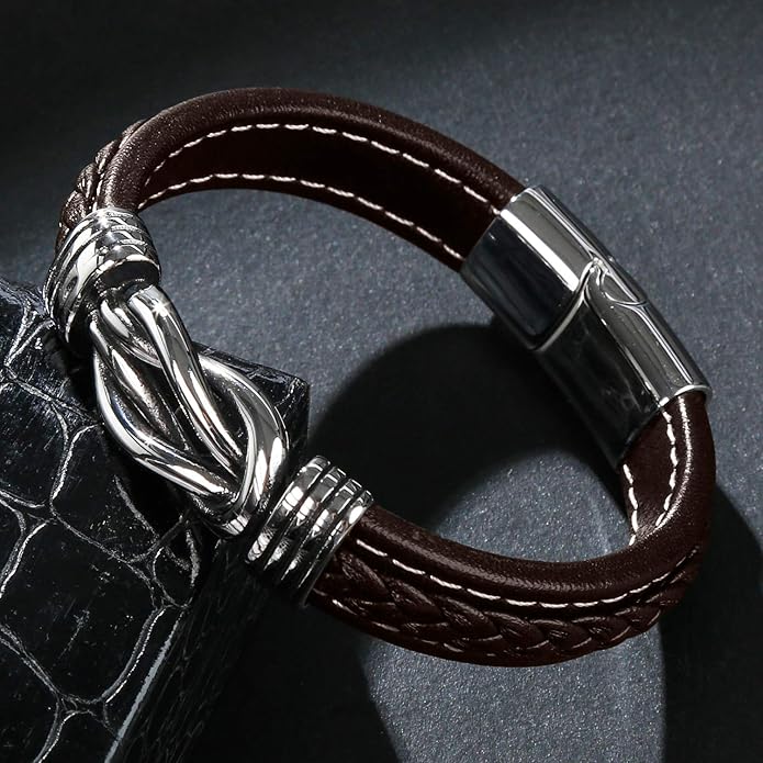 Mens Leather Bracelet,Braided Leather Wristband Cuff Bracelets Stainless Steel Clasp,Jewellery Gift for Men