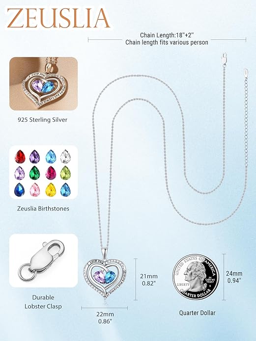 Zeuslia Double Birthstone Necklace Gifts for Wife - 925 Sterling Silver Sunflower/Rose/Crown Cross/Compass/Heart Pendant I Love You Necklace, Anniversary Birthday Gifts for Wife Girlfriend Mom Her