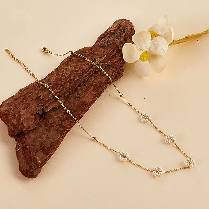 YOUNGGRACE 14K Gold Plated Pearl Flower Necklace Set for Women, Elegant Daisy & Layered Choker - Trendy gold necklaces for women, pearl accessories, layered gold necklace, dainty jewelry Gift for Her