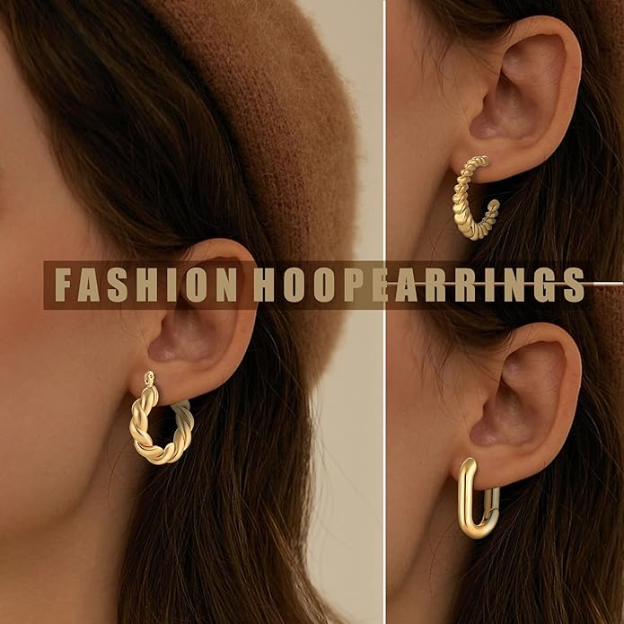 6 Pairs 14K Gold Plated Hoop Earrings for Women Trendy Chunky Lightweight Hoop Earrings Multipack Hypoallergenic, Thick Twisted Huggie Hoops Earring Set Jewelry for Gifts