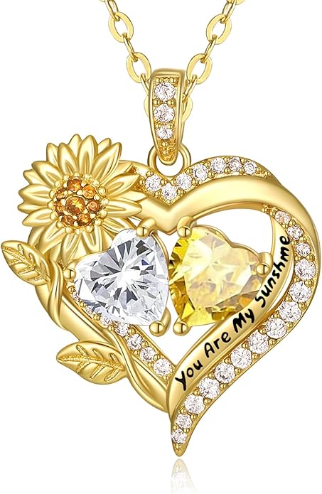 JIYVY32 Sunflower Heart Necklace for Women 14K Gold Exquisite Anniversary Birthday Gifts for Wife Mother Her Double Birthstone Pendant jewelry‘You Are My Sunshine’