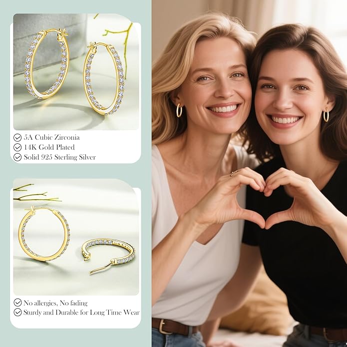 Yellow Gold Plated/925 Sterling Silver Sparkle Cubic Zirconia Hoop Earrings for Women fit Sensitive Ears 14mm/20mm/26mm Huggie/Medium/Large Hoops(with Gift Box)