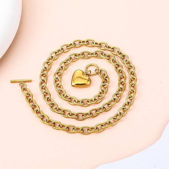Heart Necklaces for Women Gold, Chunky Heart Necklace with Toggle Clasp Large Vintage Necklace Chunks Chain for Women Trendy Jewelry Christmas Gifts