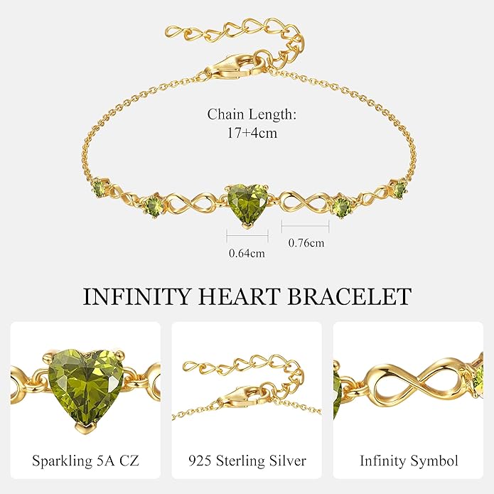 G&GEMSJEW Infinity Heart Birthstone Bracelets for Women, 925 Sterling Silver Women Charm Link Bracelet Adjustable, Birthday Anniversary Christmas Jewelry Gifts for Women Wife Mom Girlfriend Her