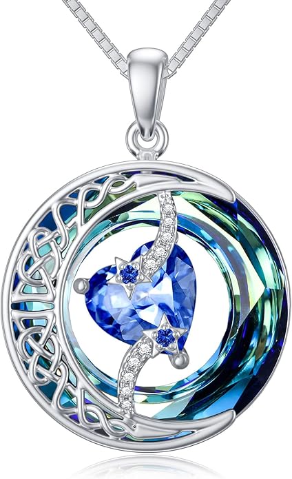 TOUPOP Christmas Gifts Birthstone Necklace 925 Sterling Silver Moon and Star Pendant with Blue Crystal Celtic Moon Jewelry Birthday Gifts for Women Mom Wife Her Daughter