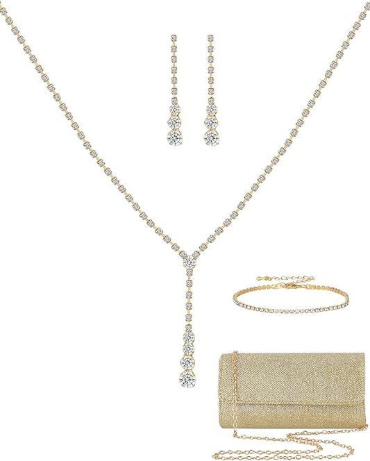 Silver Prom Jewelry Set for Women Rhinestone Necklace Dangle Earrings Bracelet Clutch Purse Silver Accessories Bride Bridesmaid Crystal Bridal Jewelry for Wedding Engagement Party Prom Accessories