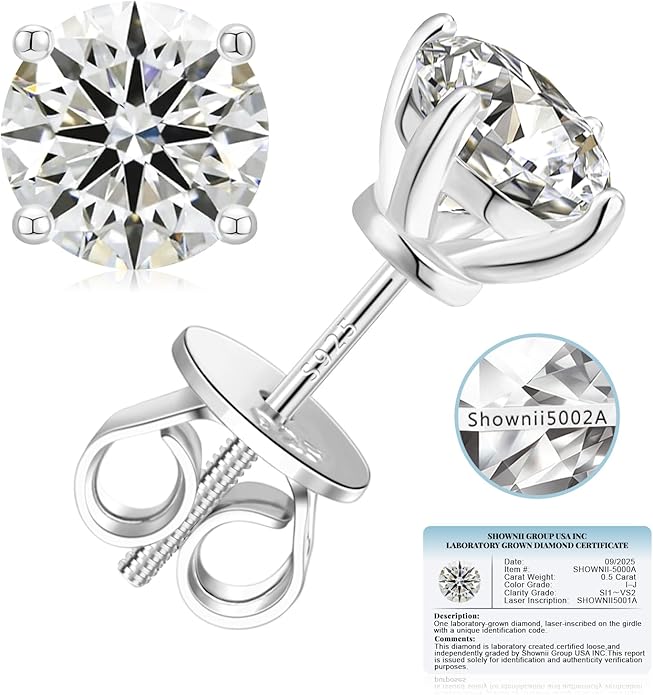 SHOWNII Diamond 4-Prong Lab-Grown Diamond Stud Earrings for Women 0.5CT 1CT 14K Gold Plated S925 Sterling Silver Screw Back Earrings(I-J Color, S1-VS2 Clarity)