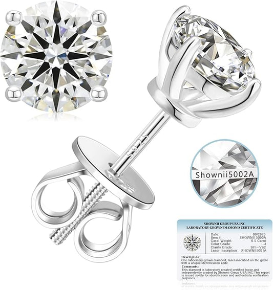 SHOWNII Diamond 4-Prong Lab-Grown Diamond Stud Earrings for Women 0.5CT 1CT 14K Gold Plated S925 Sterling Silver Screw Back Earrings(I-J Color, S1-VS2 Clarity)