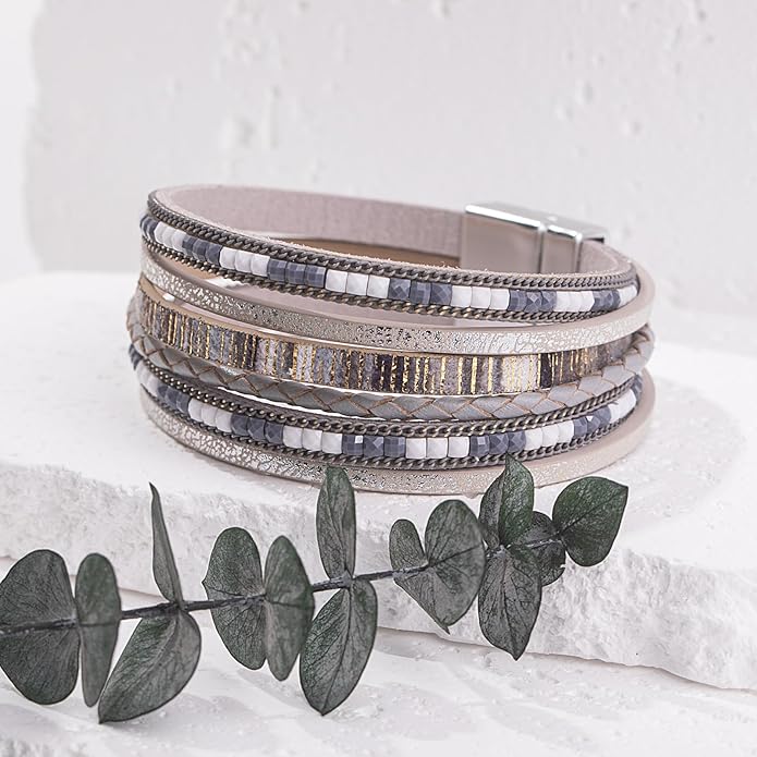 FANCY SHINY Boho Leather Wrap Bracelets Trendy Layered Bracelets with Magnetic Clasp Strackable Bohemian Jewelry Gifts for Women