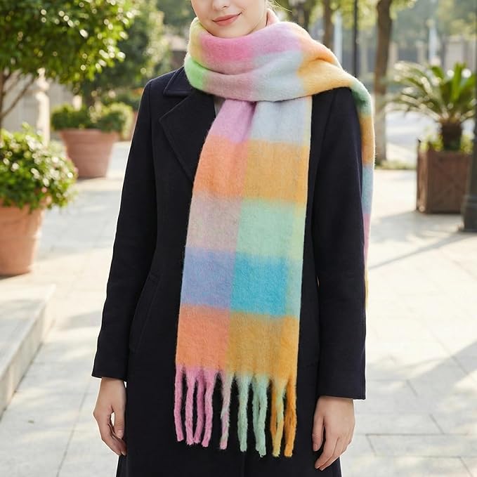 SHOHOKU Large Chunky Plaid Scarf Coloured Checked Oversized Scarf Tassel Soft Fall Winter Thick Warm Shawl Women