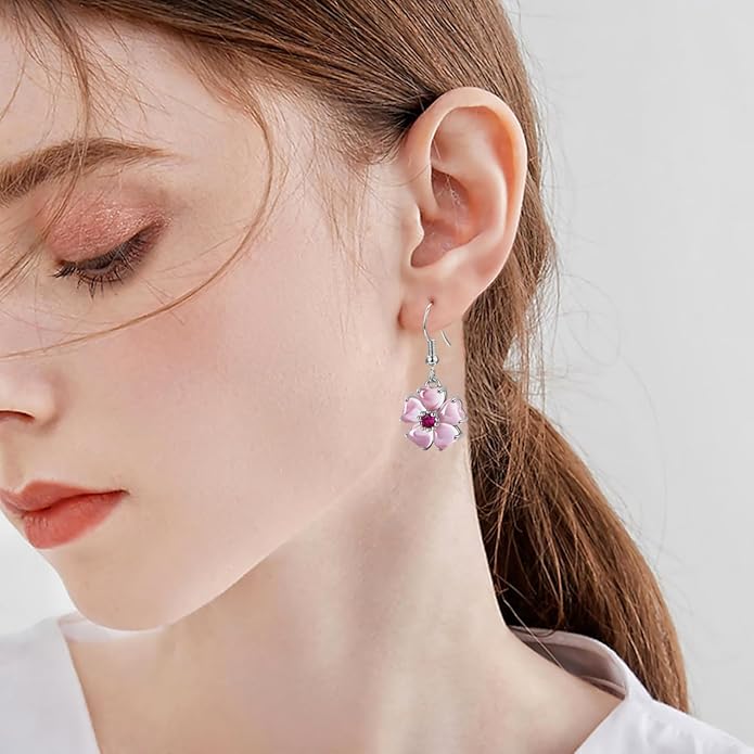 VONSSY Elegant Cherry Blossom Necklace Earrings Pink Cats Eye Flower Flora Sakura Gemstone Crystal Pendant 18k Gold Plated Chain Jewelry Set Gift for Woman Wife Girlfriend