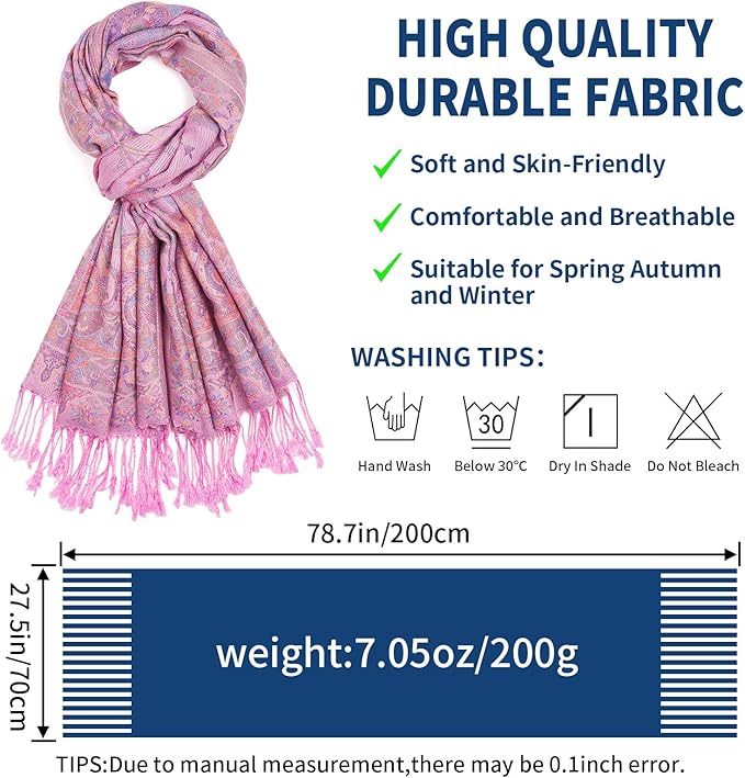 QIUTIMIY Paisley Pashmina Shawl Wrap Women Reversible Vintage Jacquard Pashmina Rave Scarf with Fringe for Evening, Wedding